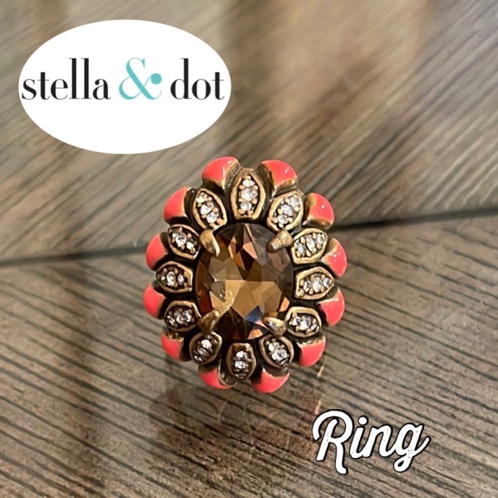 Stella & Dot Rosanna Antique Gold-Tone Ring Enamel Rhinestone Accents Adjustable